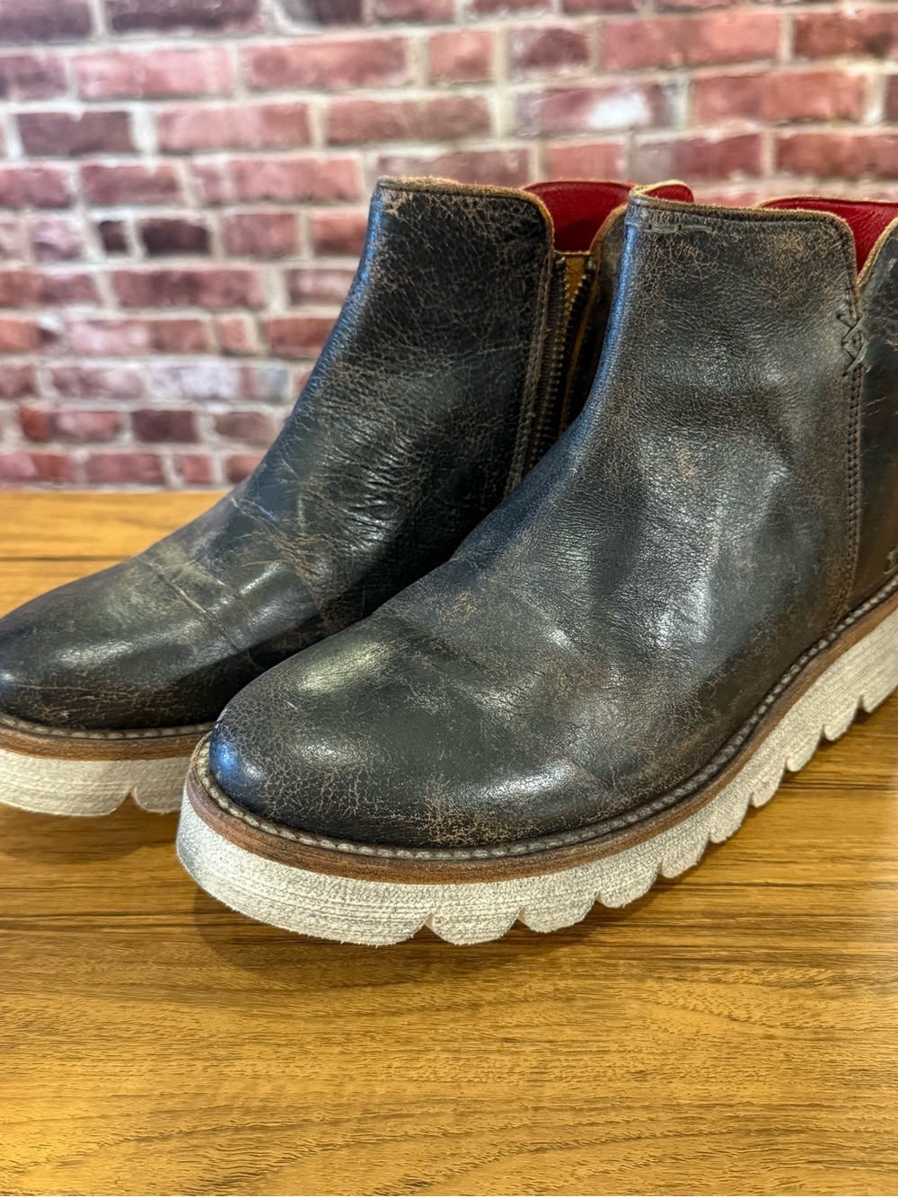 Bed Stu Black Leather Ankle Booties with Red Lining